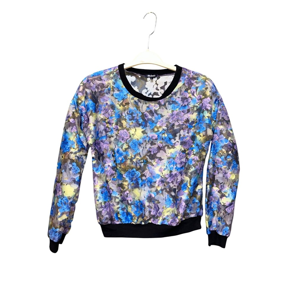 Tildon Women's Blue and Purple Sheer Embroidered Floral Top Size Small